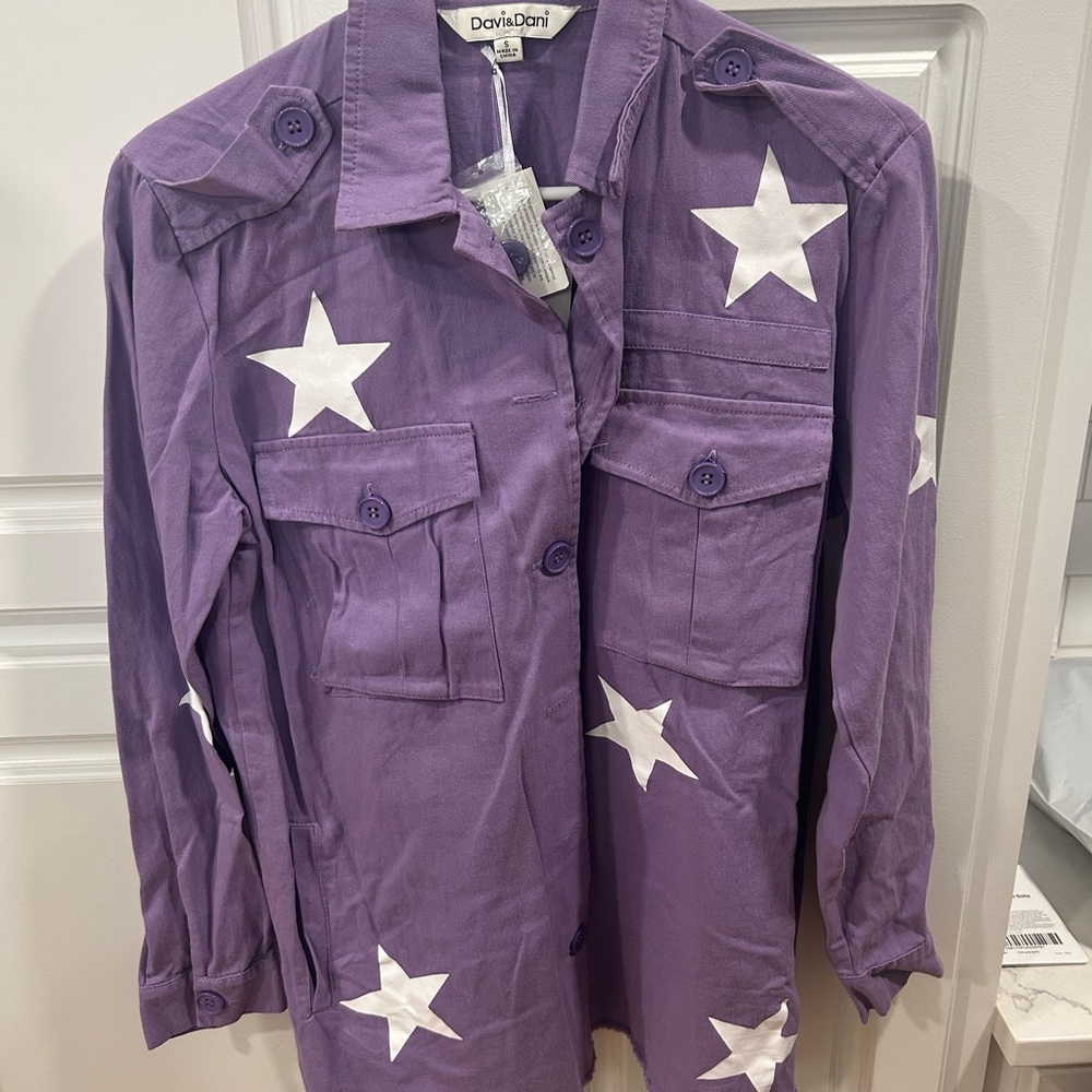 DAVI & DANI Purple Star Military Jacket with White Accents and frayed hem